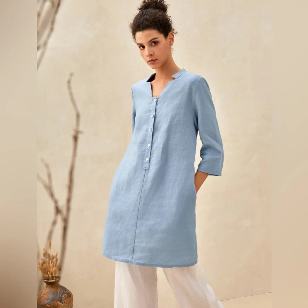 Light Blue Linen Button-Front Mini Dress
